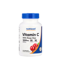 Nutricost Vitamin C with Rose Hips capsules, 1000mg, 30 servings, dietary supplement bottle.