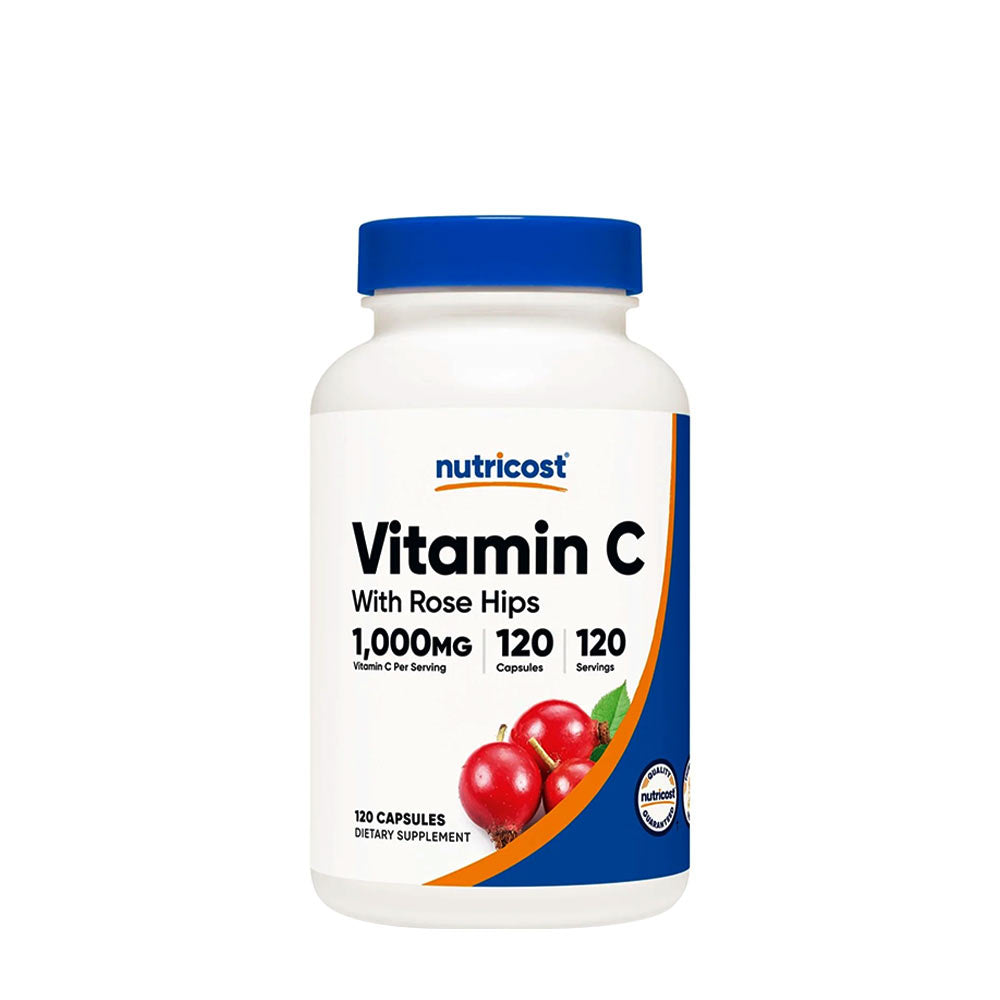 Nutricost Vitamin C with Rose Hips capsules, 120 count bottle, dietary supplement for immune support and skin health.