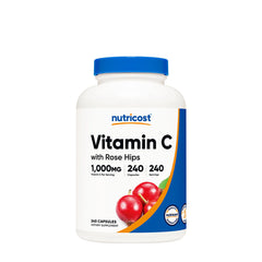Nutricost Vitamin C with Rose Hips capsules, 1000mg, 240 count for immune support and skin health.