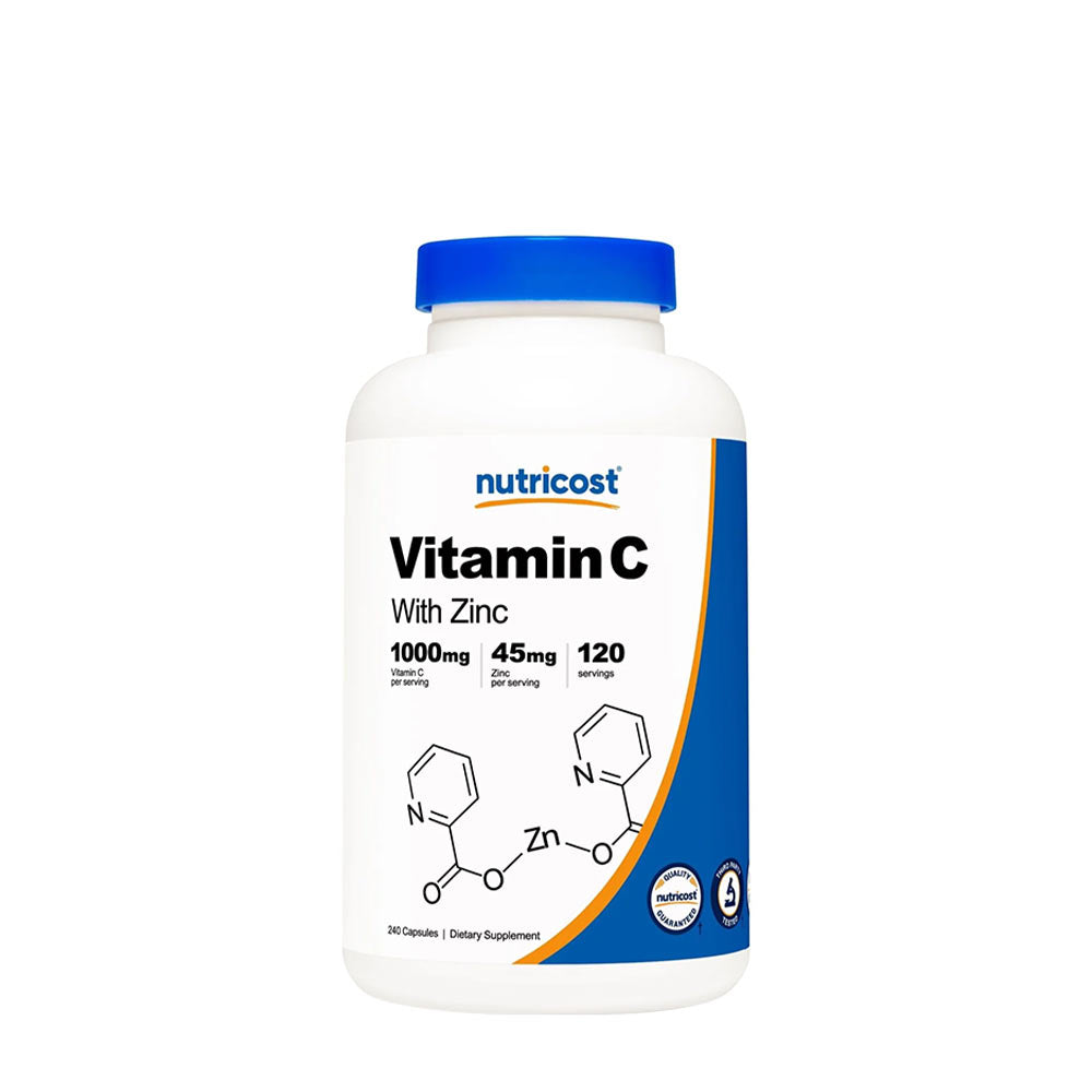 Nutricost Vitamin C with Zinc supplement bottle, 1000 mg, 120 capsules for immune support and antioxidant protection.
