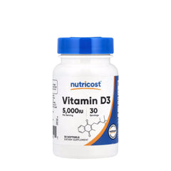 Nutricost Vitamin D3 5,000 IU softgels bottle with blue cap, dietary supplement, 30 servings.