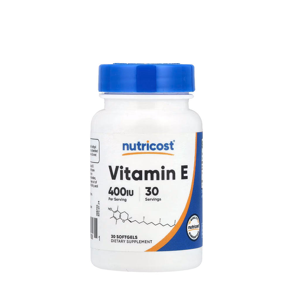Nutricost Vitamin E 400 IU bottle with 30 softgels, high-quality antioxidant dietary supplement.