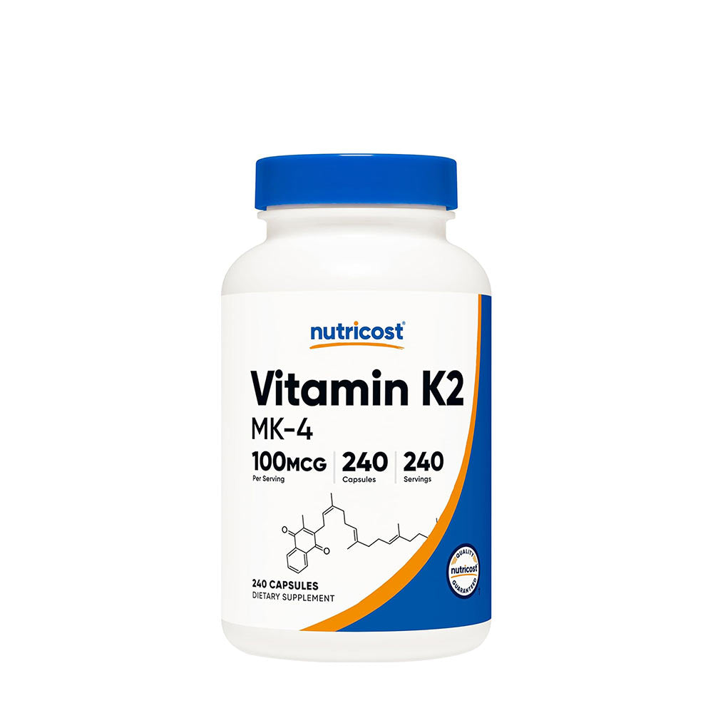 Nutricost Vitamin K2 MK-4 supplement bottle with 240 capsules, 100 mcg per serving, gluten-free and non-GMO.
