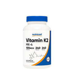 Nutricost Vitamin K2 MK-4 supplement bottle with 240 capsules, 100 mcg per serving, gluten-free and non-GMO.