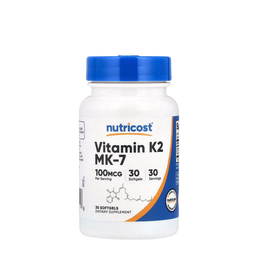 Nutricost Vitamin K2 MK-7 supplement bottle with 100 mcg per serving, 30 softgels in packaging.