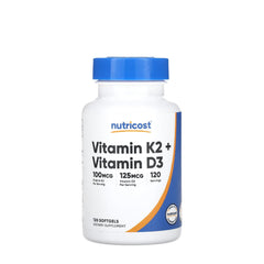Nutricost Vitamin K2 MK7 100 mcg and Vitamin D3 5000 IU dietary supplement bottle with 120 softgels.