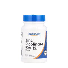 Nutricost Zinc Picolinate 50 mg dietary supplement bottle with 30 capsules.