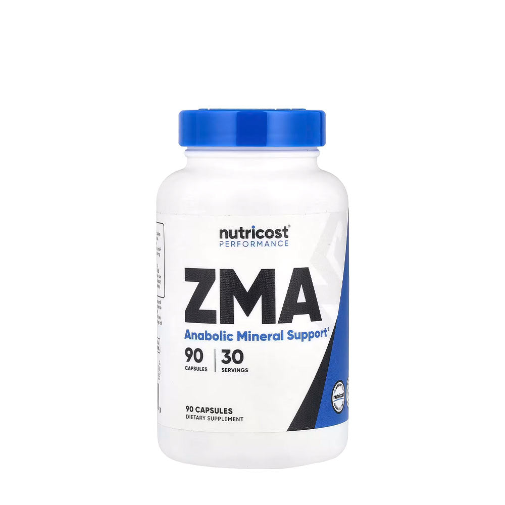 Nutricost ZMA dietary supplement bottle with 90 capsules for muscle recovery and improved sleep quality.