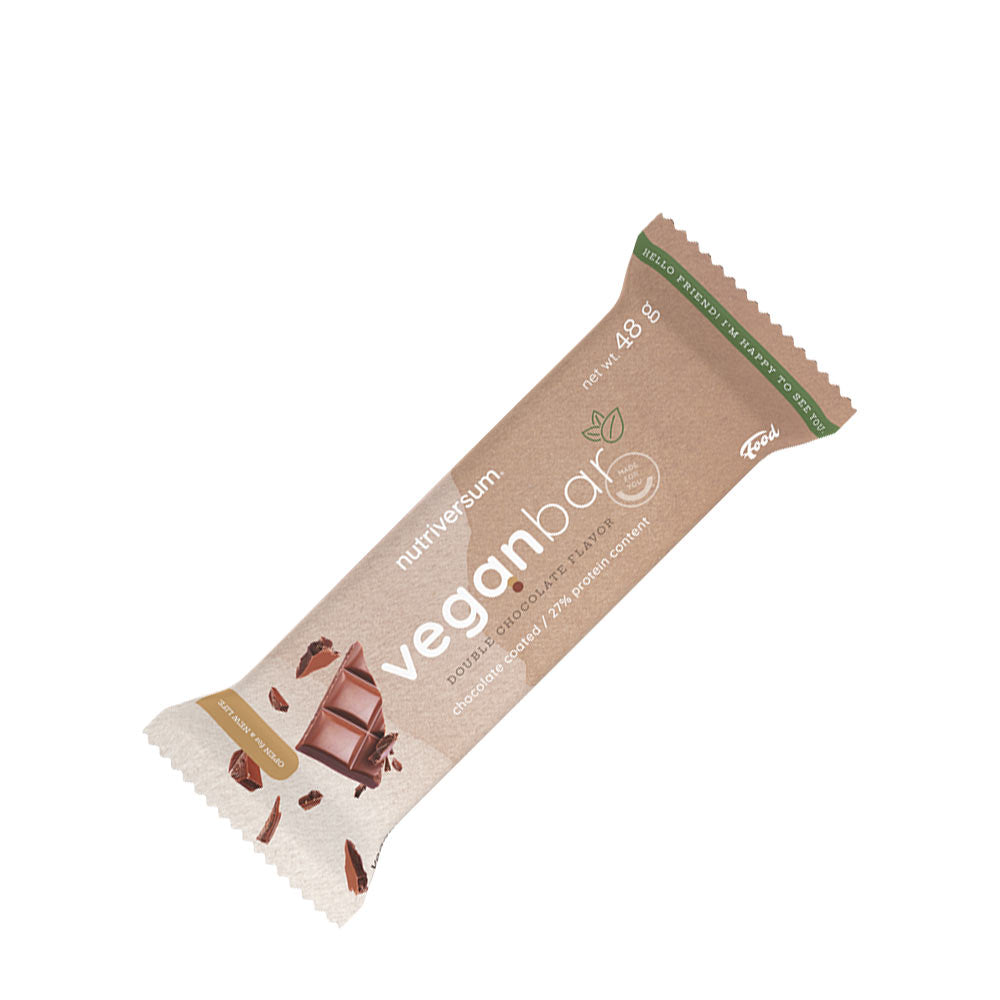 Nutriversum vegan protein bar packaging featuring a chocolate flavor with plant-based ingredients.