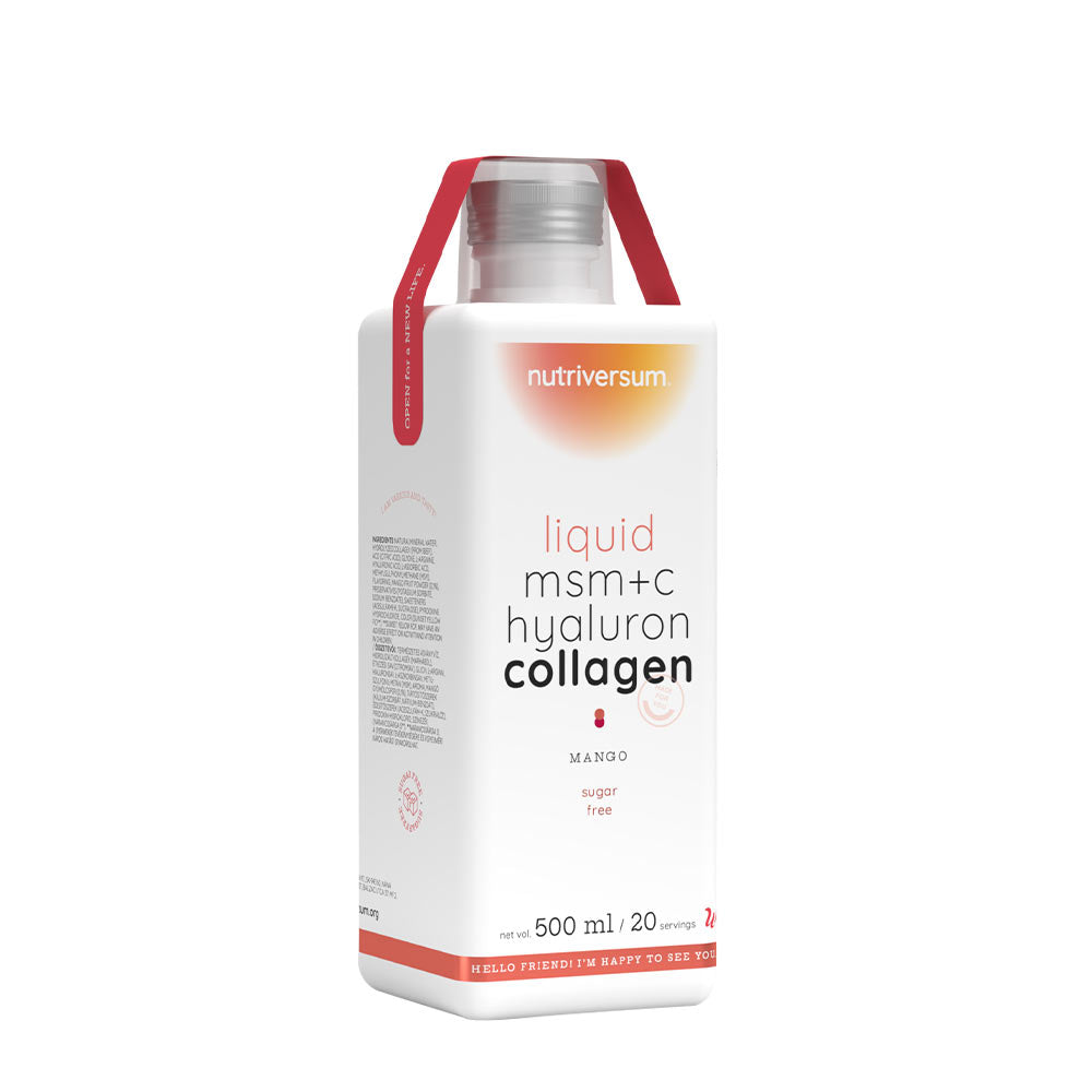 Nutriversum Liquid MSM+C Hyaluron Collagen for women in mango flavor, sugar-free, 500ml bottle.