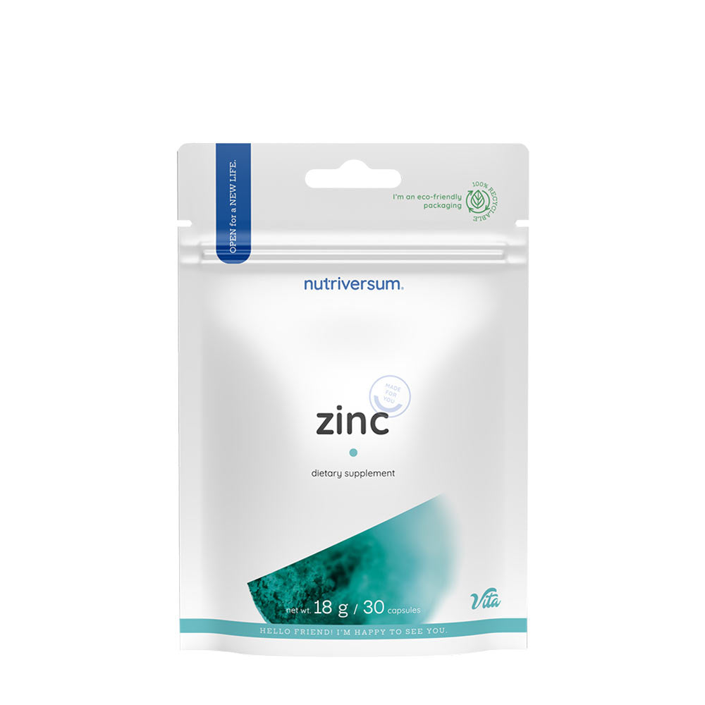 Nutriversum Zinc dietary supplement packaging featuring 30 capsules for immune support and health benefits.