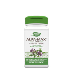 Nature's Way Alfa-Max alfalfa concentrate dietary supplement in a bottle with 100 vegan capsules.