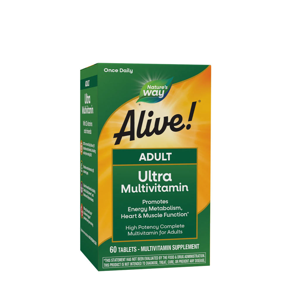 Nature's Way Alive! Ultra Multivitamin box for adults, promoting energy metabolism and heart function.