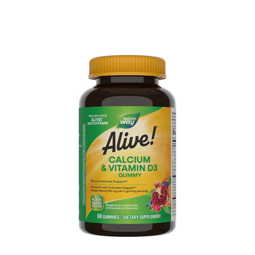 Nature's Way Alive! Calcium + D3 Gummies bottle with 60 gummies for bone and immune support.