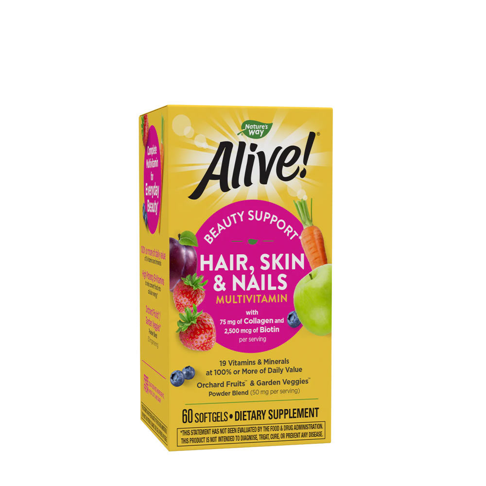 Box of Nature's Way Hair Skin & Nails multivitamin with 19 vitamins, collagen, and biotin for beauty support.