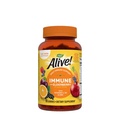 Alive! Premium Immune Gummies bottle with elderberry, vitamins D3 and zinc, for immune health support.