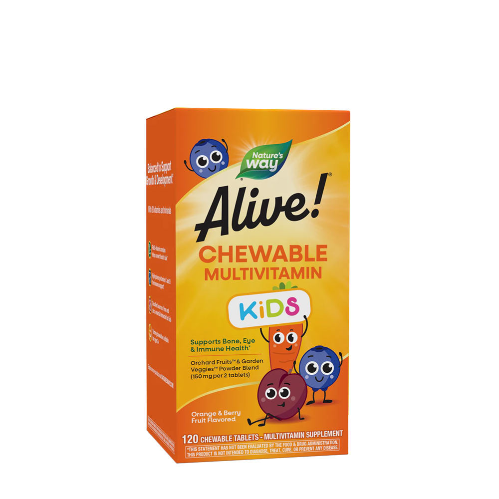 Nature's Way Alive! Kids Chewable Multivitamin packaging, supports growth, immunity, and energy in children.