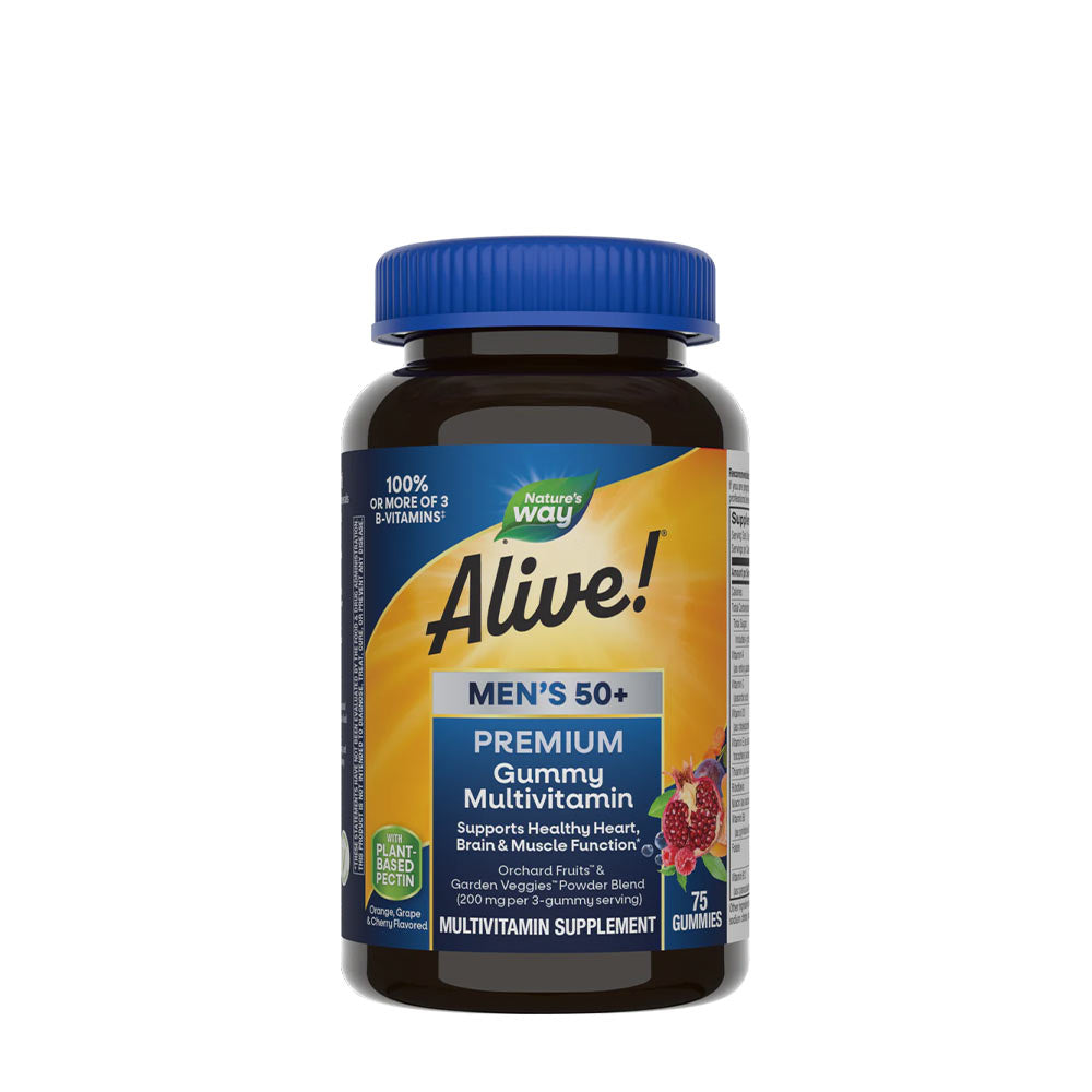 Nature's Way Alive! Men's 50+ Premium Gummy Multivitamin bottle, supports heart and brain health, 75 gummies.