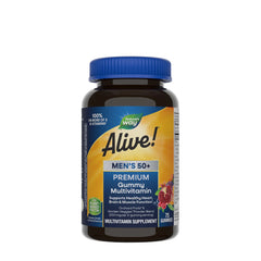 Nature's Way Alive! Men's 50+ Premium Gummy Multivitamin bottle, supports heart and brain health, 75 gummies.