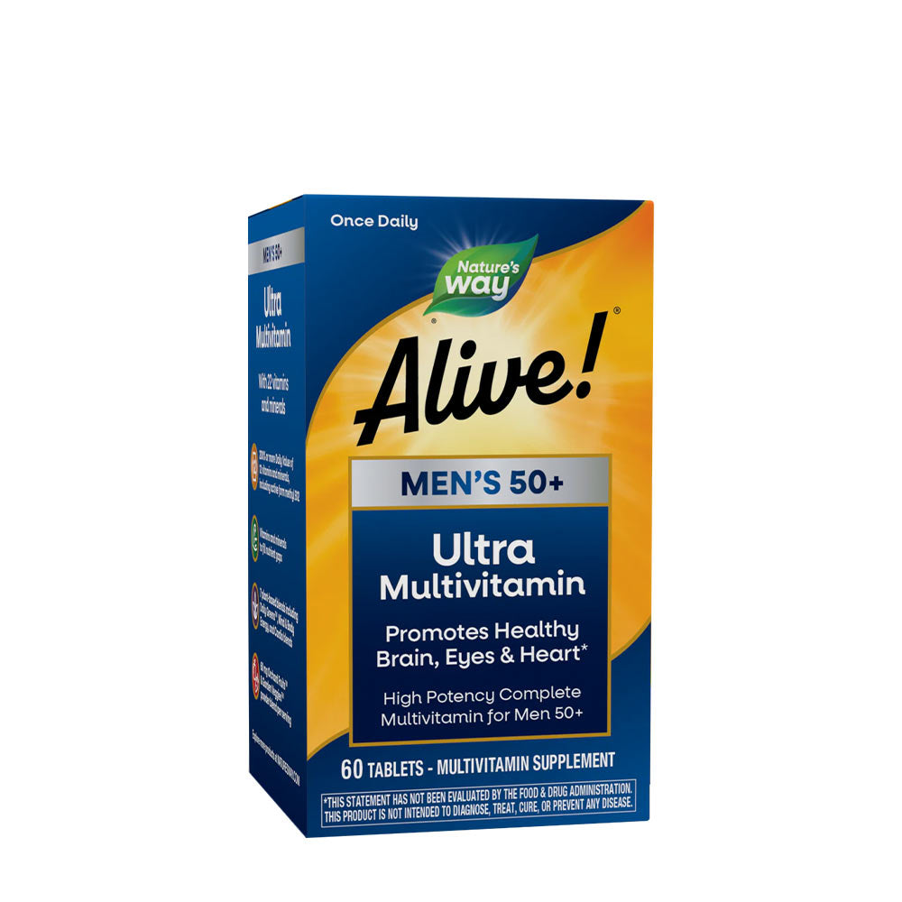 Nature's Way Alive! Men's 50+ Ultra Multivitamin box, promoting healthy brain, eyes, and heart.