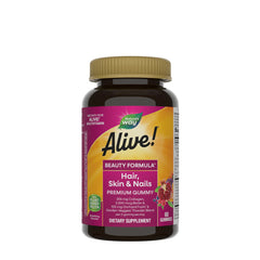 Nature's Way Alive! Hair, Skin & Nails Gummies bottle with nutritional benefits for beauty.