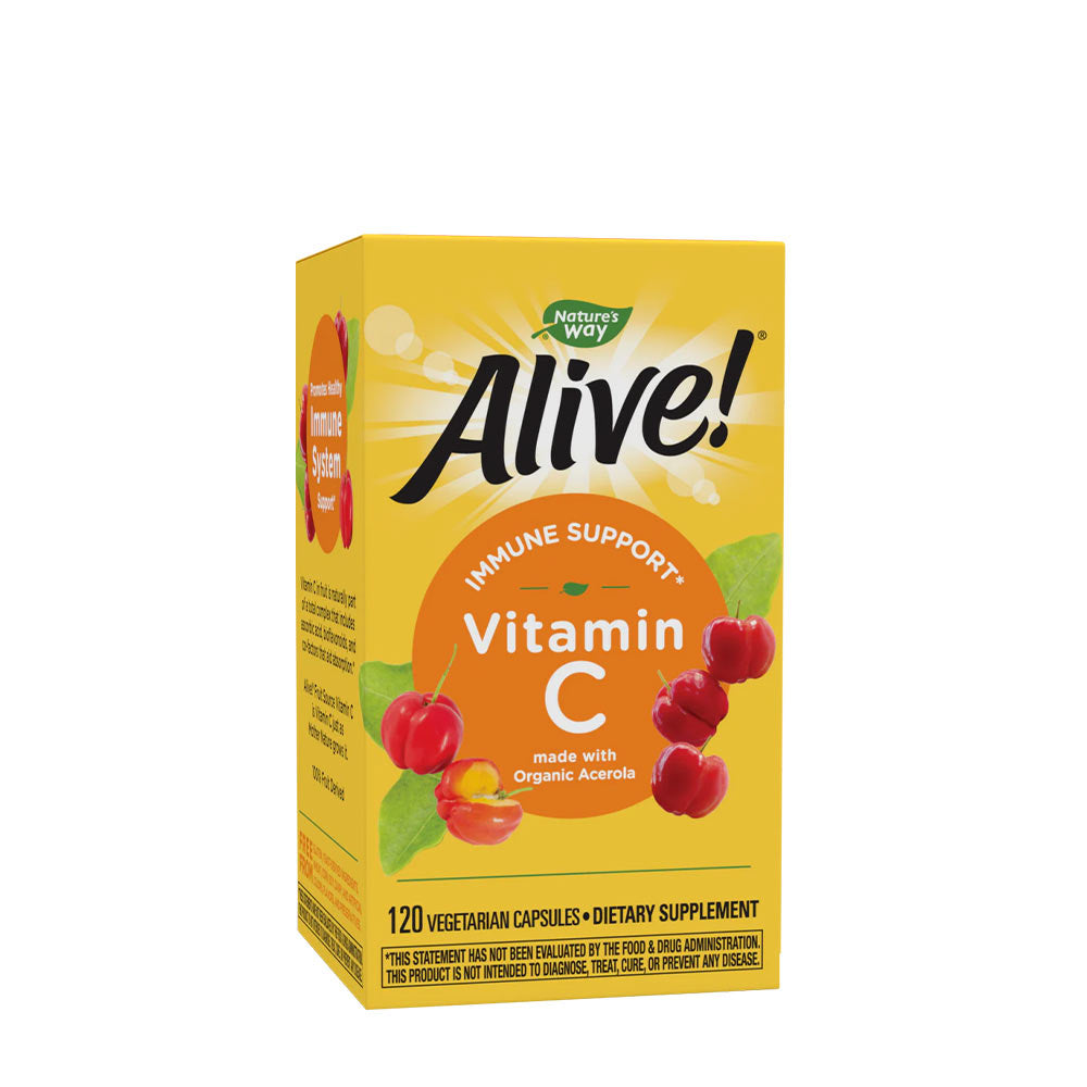 Nature's Way Alive! Vitamin C supplement box featuring organic acerola, 120 vegetarian capsules for immune support.