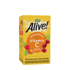 Nature's Way Alive! Vitamin C supplement box featuring organic acerola, 120 vegetarian capsules for immune support.