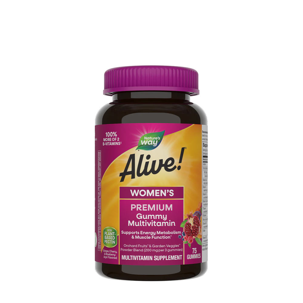 Nature's Way Alive! Premium Women's Gummy Multivitamin bottle for energy and wellness support, 75 gummies.