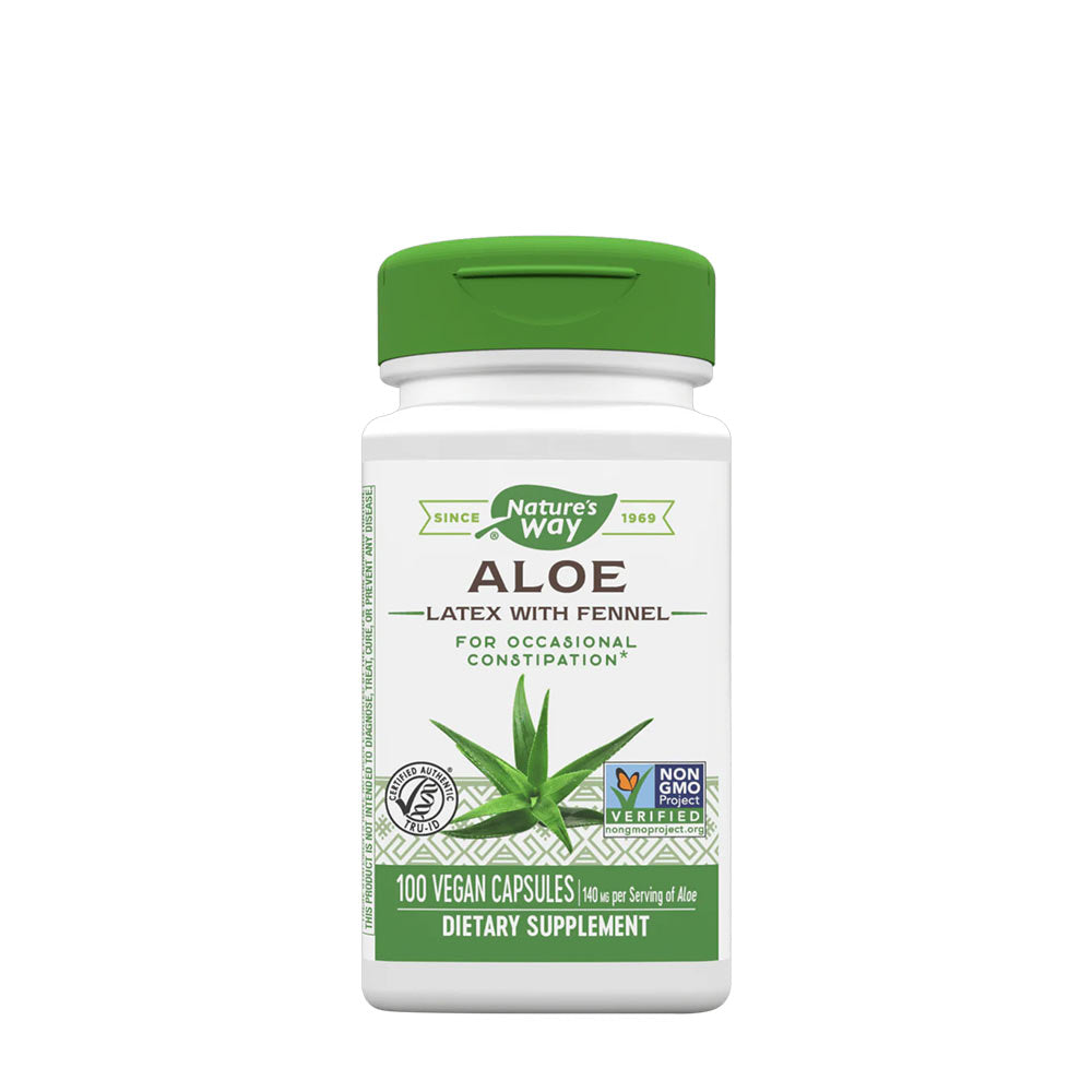 Nature's Way Aloe supplement bottle with fennel for digestive health, 100 vegan capsules.