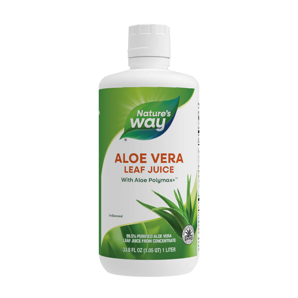 Nature's Way Aloe Vera Leaf Juice bottle, supports digestion and skin health, antioxidant-rich, boosts immunity and energy.