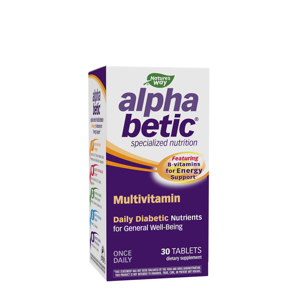 Nature's Way Alpha Betic Multivitamin box, featuring B-vitamins for energy support, for diabetic health.