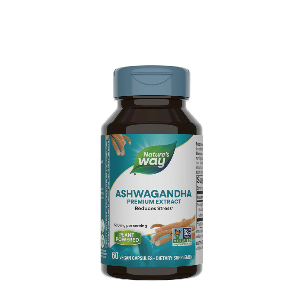 Nature's Way Ashwagandha supplement bottle, featuring 60 vegan capsules for stress reduction and improved energy.