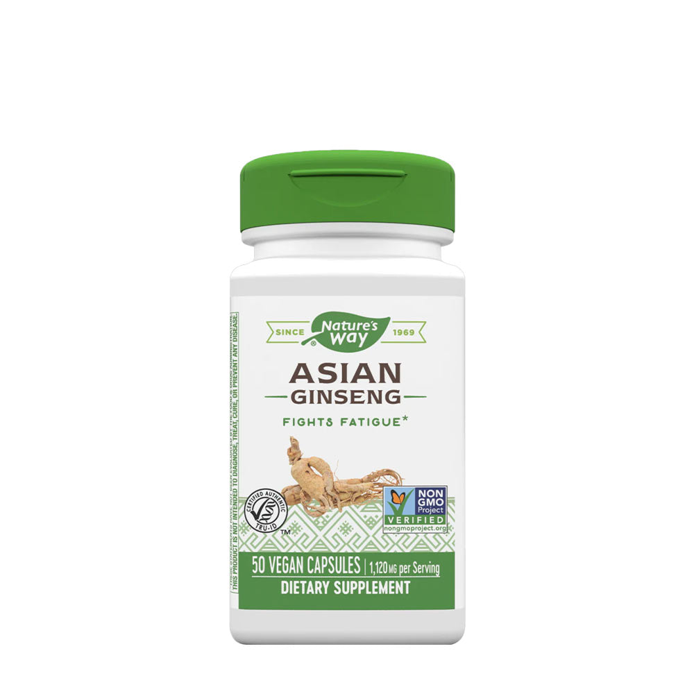 Nature's Way Asian Ginseng supplement bottle, 50 vegan capsules, promotes energy and mental clarity.