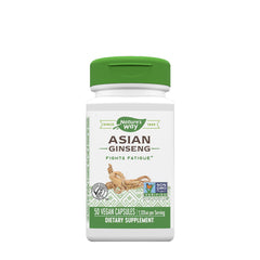 Nature's Way Asian Ginseng supplement bottle, 50 vegan capsules, promotes energy and mental clarity.