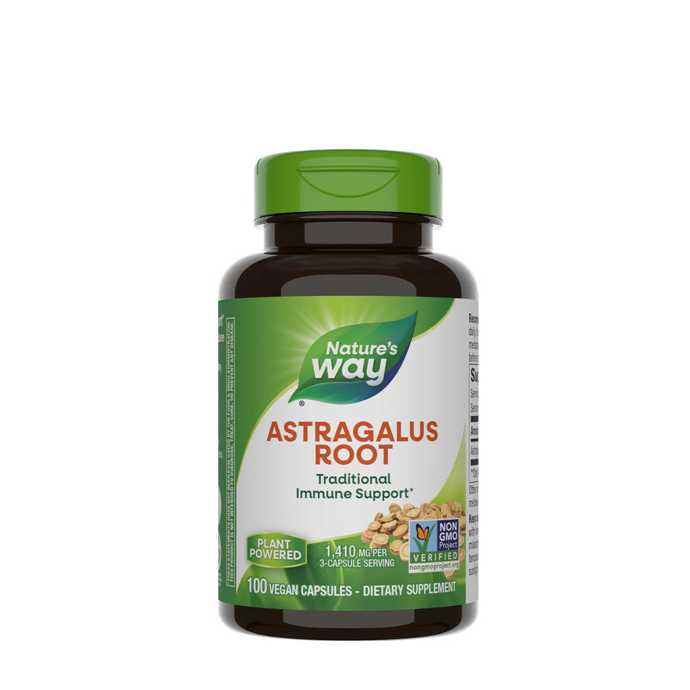 Nature's Way Astragalus Root bottle, 100 vegan capsules for immune support and energy boost.