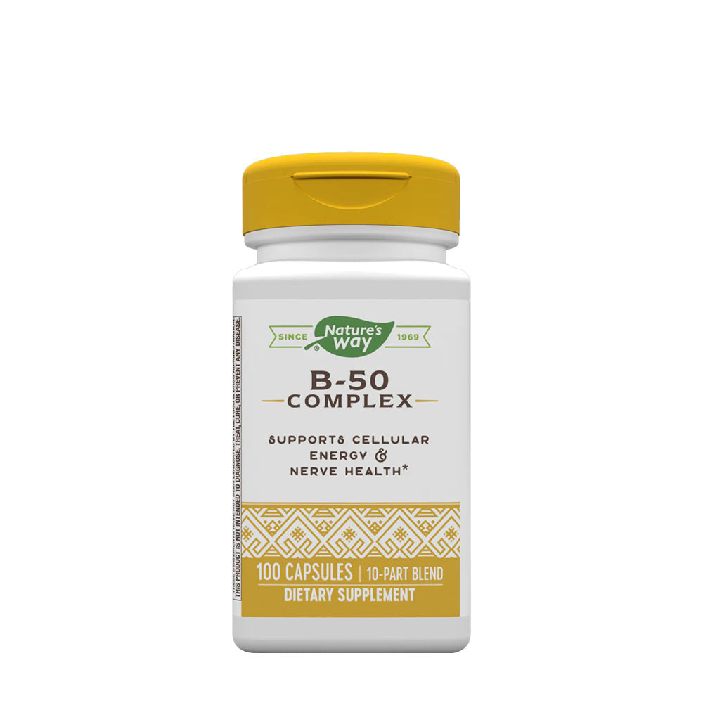 Nature's Way B-50 Complex supplement bottle with 100 capsules, promoting energy and nerve health.