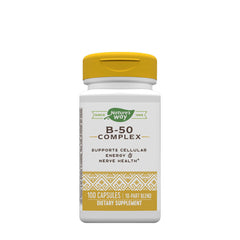 Nature's Way B-50 Complex supplement bottle with 100 capsules, promoting energy and nerve health.