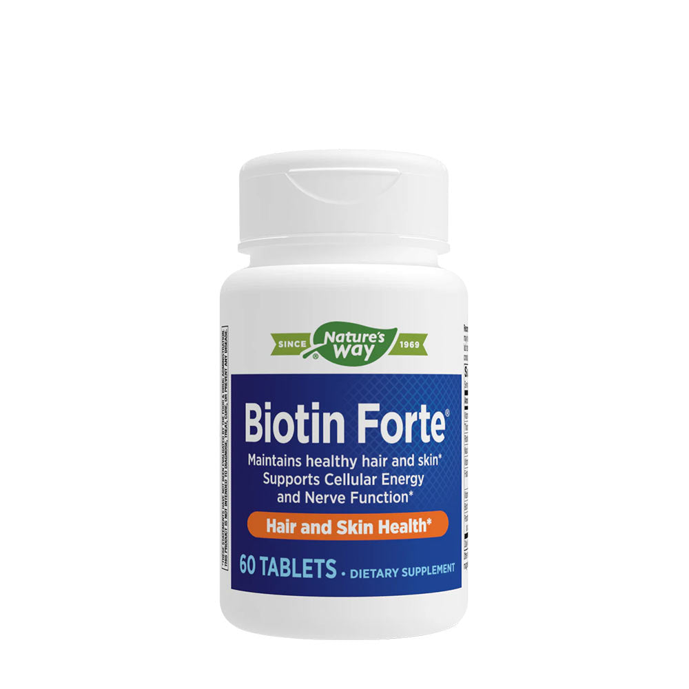 Nature's Way Biotin Forte® bottle for healthy hair and skin, supports energy and nerve function, 60 tablets.
