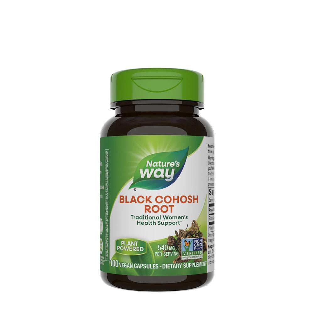 Nature's Way Black Cohosh Root dietary supplement in a bottle, supports women's health and hormonal balance.