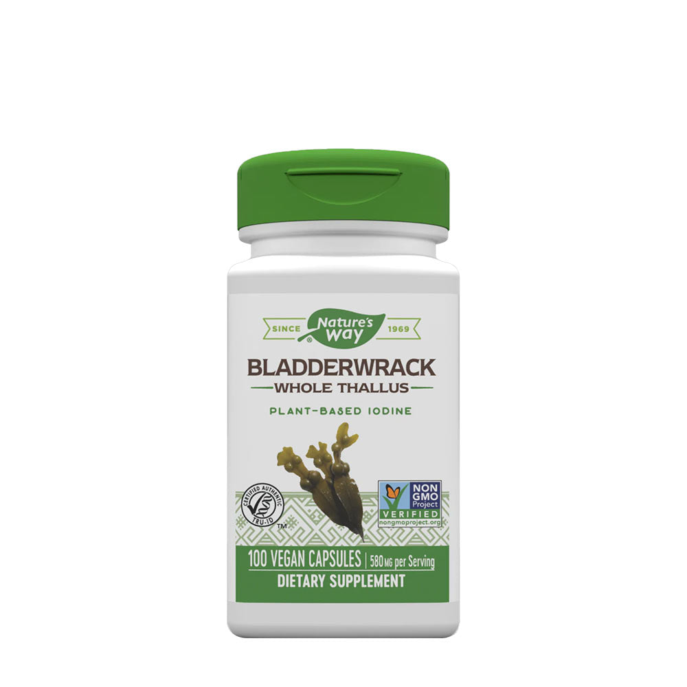 Nature's Way Bladderwrack supplement bottle, 100 vegan capsules for iodine support and thyroid health.