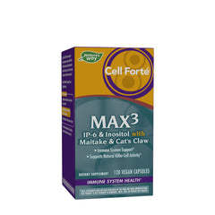 Nature's Way Cell Forté MAX3 dietary supplement box with IP-6, Inositol, Maitake, and Cat's Claw for immune support.