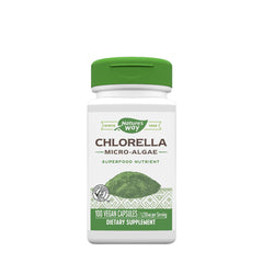 Nature's Way Chlorella supplement bottle featuring green micro-algae, 100 vegan capsules for nutritional support.