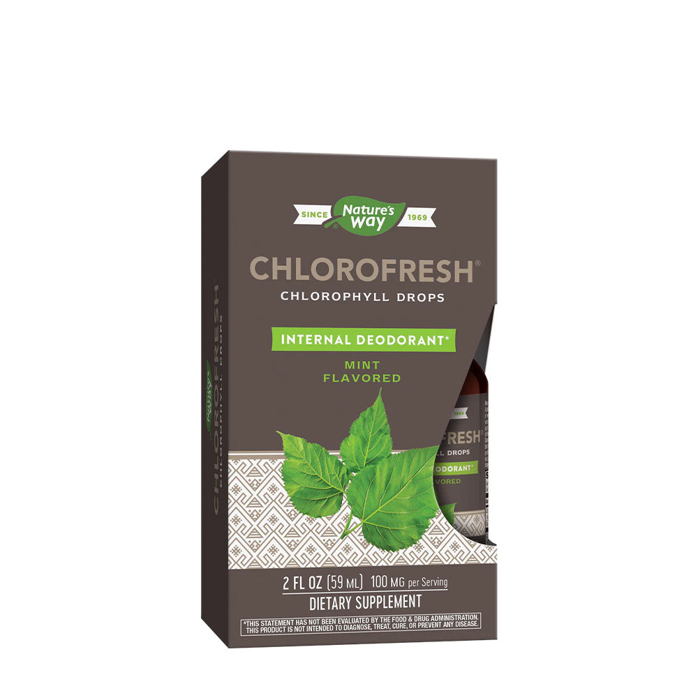 Nature's Way Chlorofresh Chlorophyll Drops box with mint leaves, supports detoxification and internal deodorization.