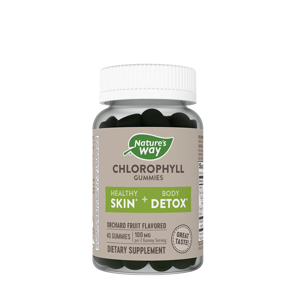 Nature's Way Chlorophyll Gummies for healthy skin and body detox, 40 count, orchard fruit flavored, dietary supplement.