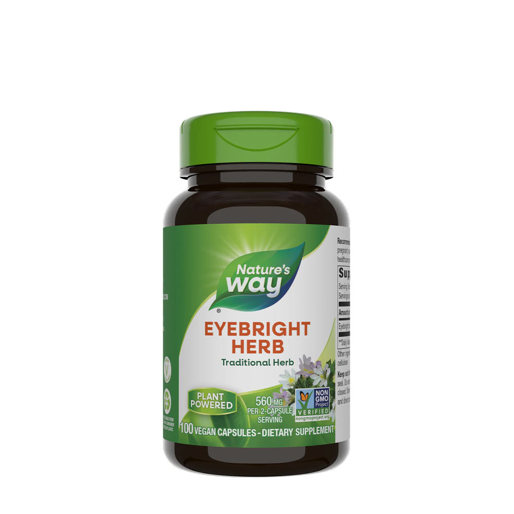 Nature's Way Eyebright herb bottle, 100 vegan capsules for eye health support and antioxidants.