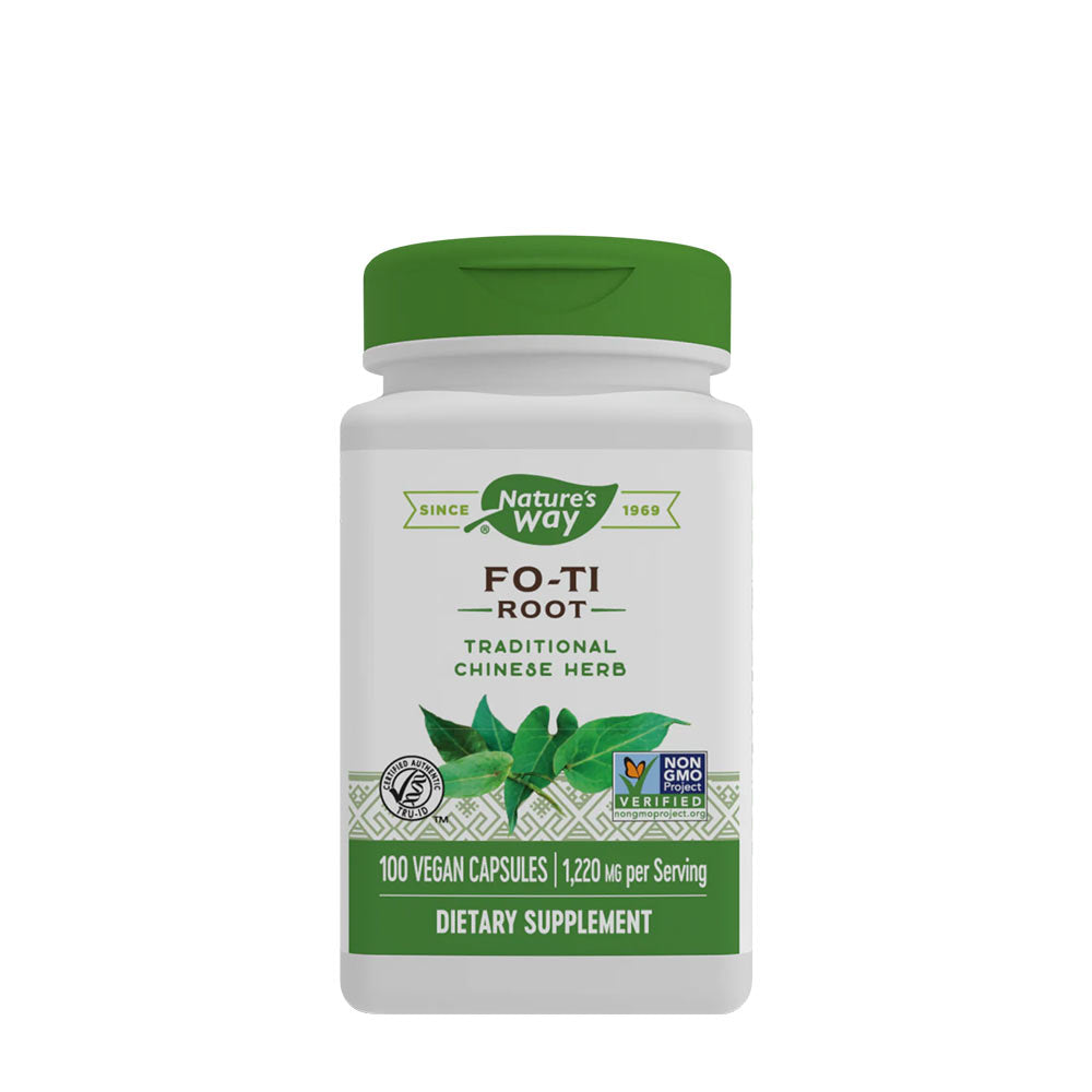 Nature's Way Fo-Ti Root dietary supplement bottle, 100 vegan capsules for healthy aging and hair vitality.