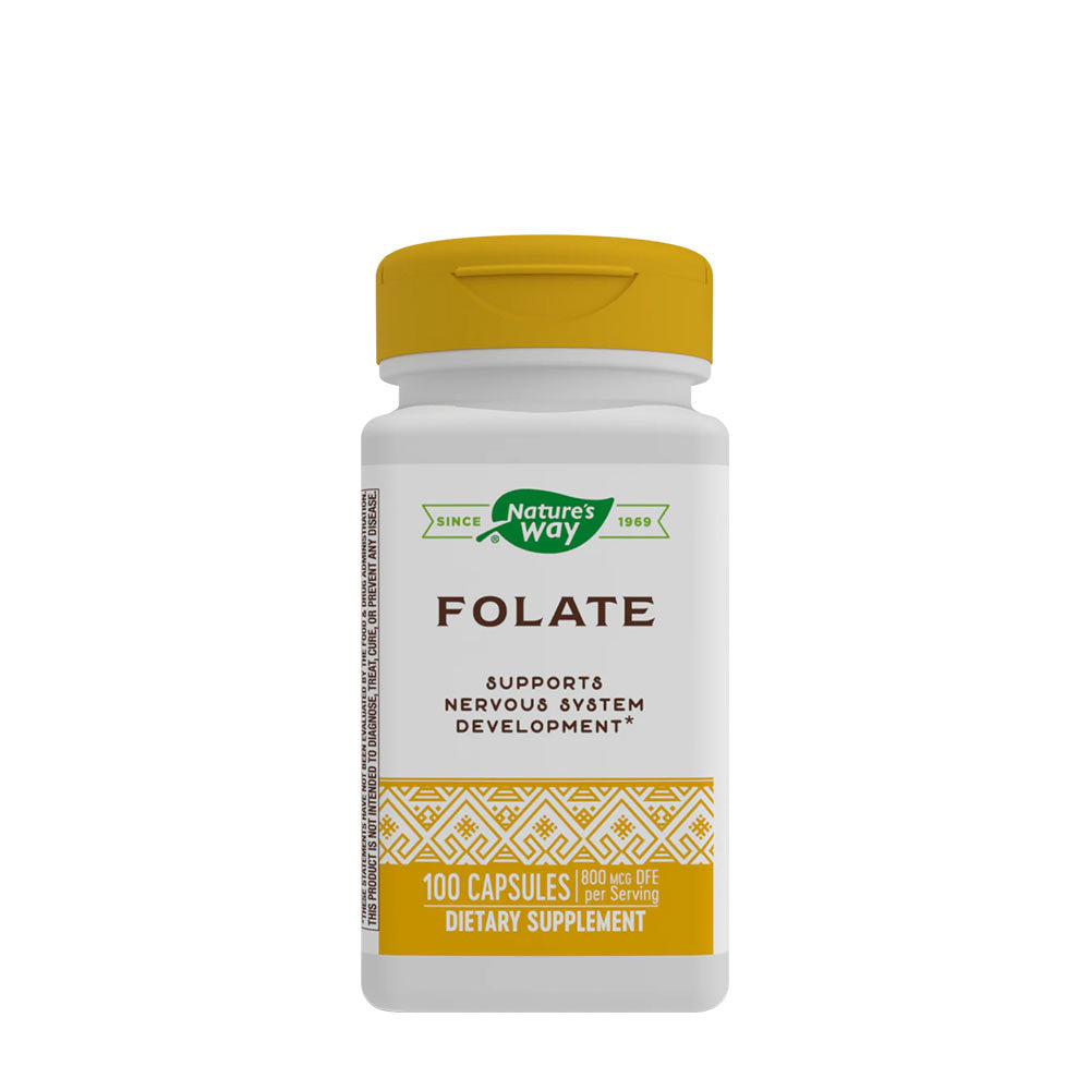 Nature's Way Folate dietary supplement, 100 capsules, supports nervous system development and healthy metabolism.