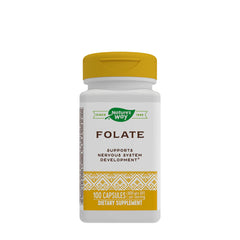 Nature's Way Folate dietary supplement, 100 capsules, supports nervous system development and healthy metabolism.