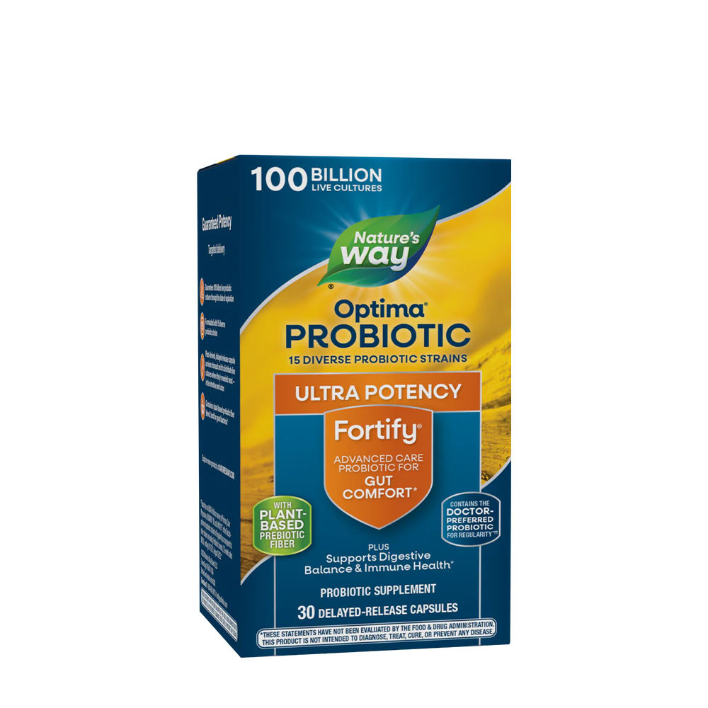 Nature's Way Fortify® Optima® 100 Billion Probiotic supplement package featuring 15 probiotic strains and 30 capsules.
