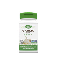 Nature's Way Garlic supplement bottle for heart health, 100 vegan capsules, 580 mg serving.